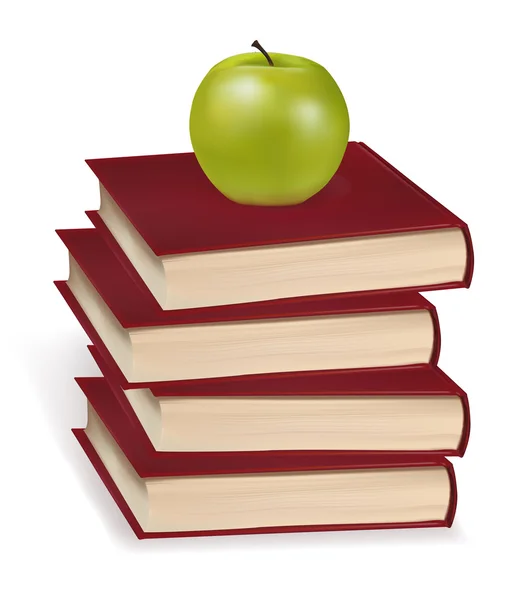 Grüner Apfel, der auf den vier Büchern liegt. fotorealistische Vektorillustration. — Stockvektor
