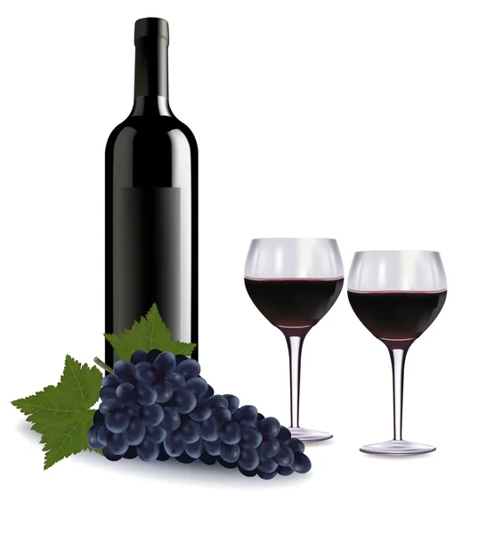 Bir şişe şarap ve kırmızı ve bazı üzüm cam. vektör. — Stok Vektör