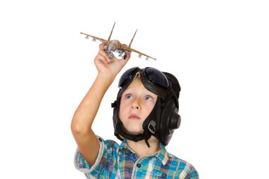 Boy play with jet airplane model clipart