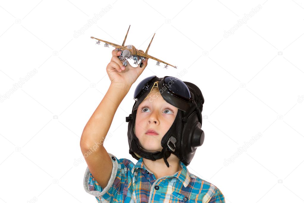 Boy play with jet airplane model