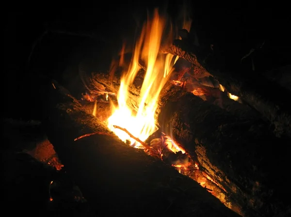 Lagerfeuer und brennendes Feuer in der Nacht — Stockfoto