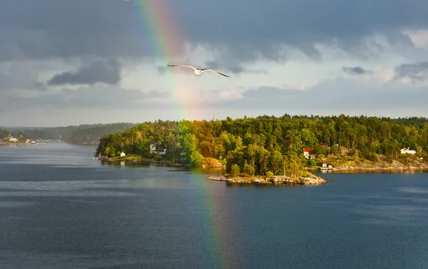 Rainbow in rain during sunshine in Baltic sea — Stock Photo, Image