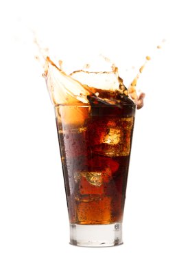Ice cube droped in cola glass and cola splashing clipart
