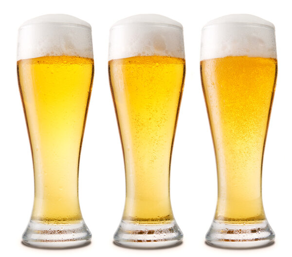 Beer into glass isolated on white. three options