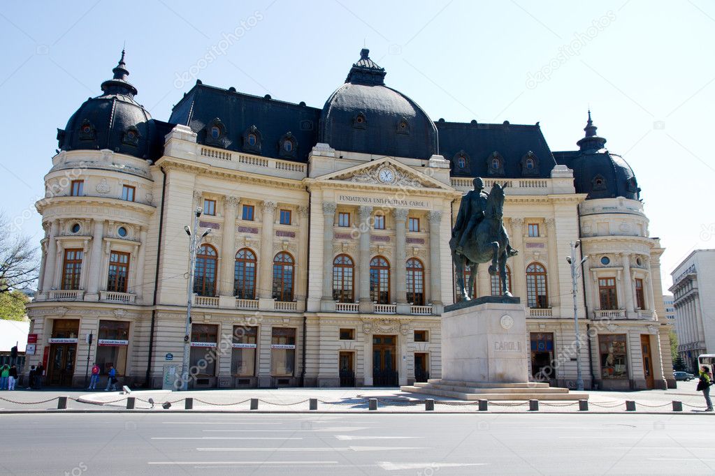 Bucharest view - Carol I statue and central Librery