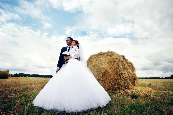 Nygift par i fältet — Stockfoto