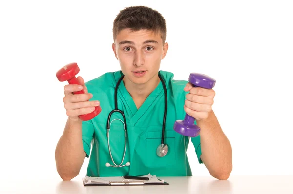 Doctor with dumb bells — Stock Photo, Image