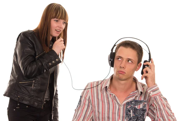 Meisje en jongen met koptelefoon — Stockfoto