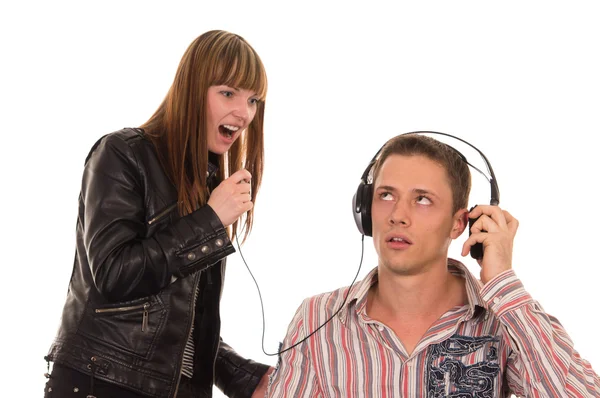 Mädchen und Junge mit Kopfhörern — Stockfoto