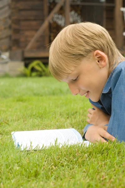 Niño con libro sobre hierba —  Fotos de Stock