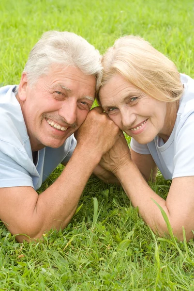 Пожилая пара на траве — стоковое фото