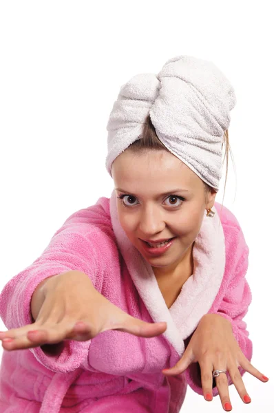 Girl in pink bathrobe — Stock Photo, Image