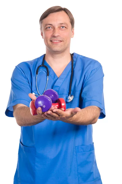 Doctor with dumb bells — Stock Photo, Image