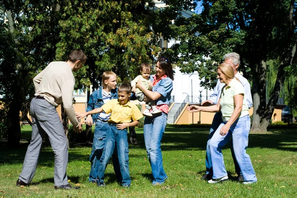Familj av sju på park — Stockfoto