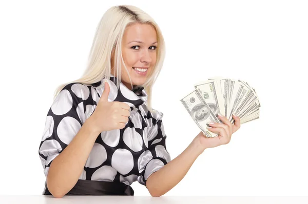 Hübsche Blondine mit Geld — Stockfoto