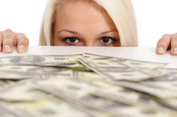 Roztomilá blondýnka s penězi — Stock fotografie