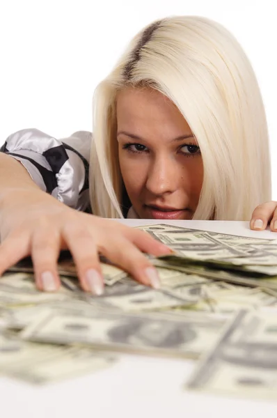 Nette Blondine mit Geld — Stockfoto