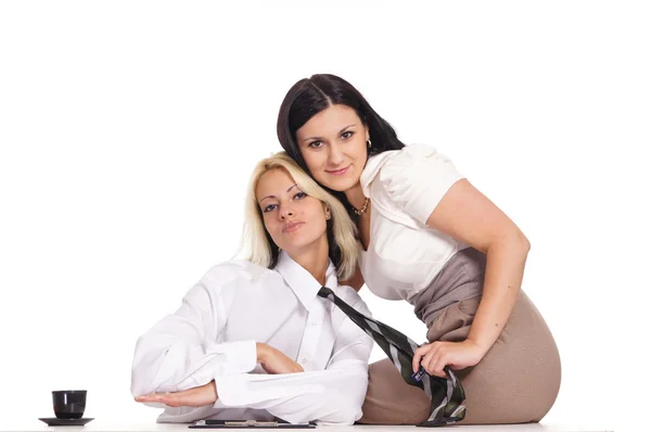 Female couple posing at table — Stock Photo, Image