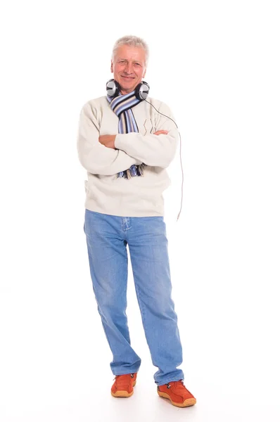 Old man with headphones — Stock Photo, Image