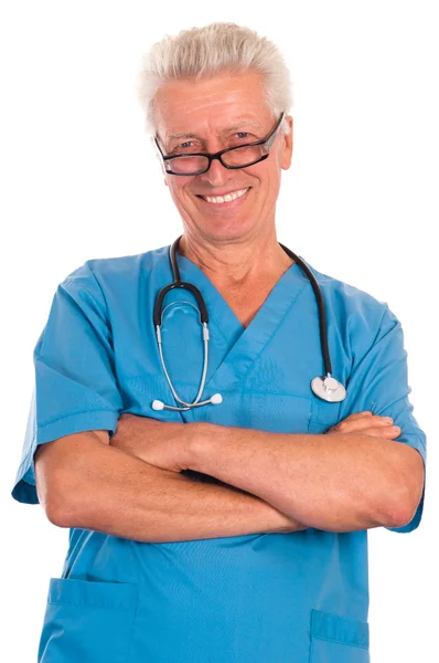 Glad läkare på vit — Stockfoto