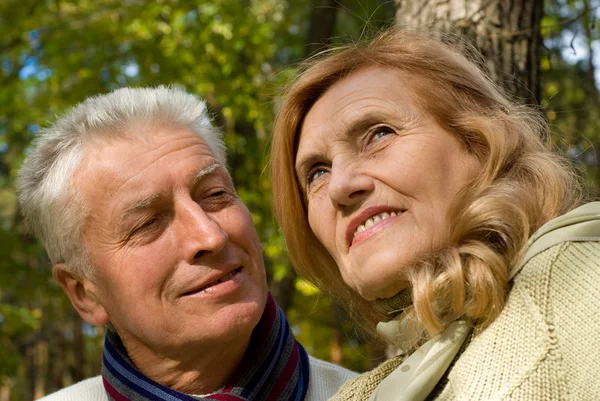 Happy old couple at forest — Stock Photo, Image