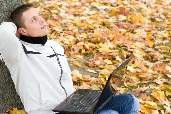 Facet z laptopa w drzewo — Zdjęcie stockowe