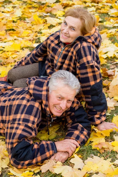 Altes Ehepaar liegt auf Laub — Stockfoto