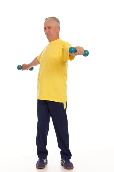 Old guy and dumb bells — Stock Photo, Image