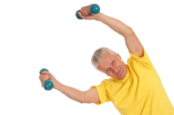 Old man with dumb bells on white — Stock Photo, Image