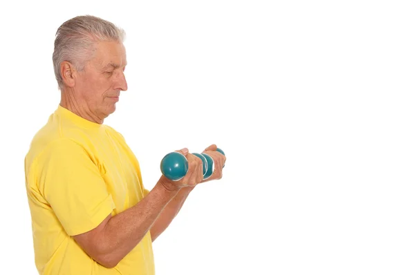 Old man with dumb bells on white — Stock Photo, Image