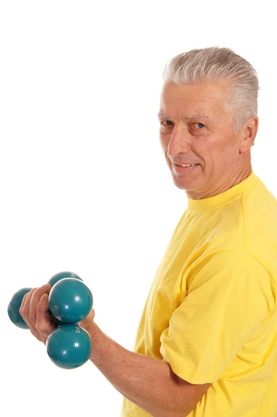Old guy with dumb bells — Stock Photo, Image