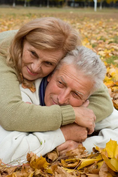 Casal envelhecido em folhas — Fotografia de Stock