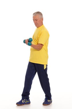 Old man with dumb bells on white clipart