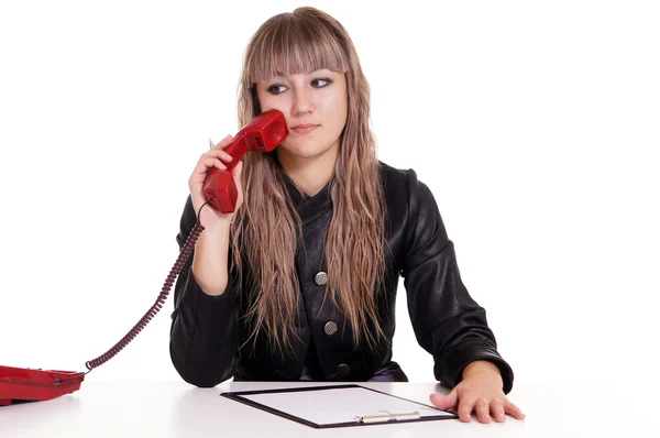 Worker at table with telephone — Stock Photo, Image