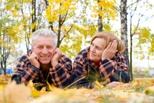 Aged couple on leaves — Stock Photo, Image