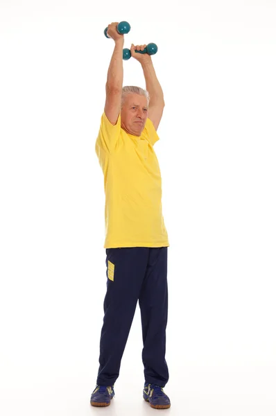 Old guy and dumb bells — Stock Photo, Image