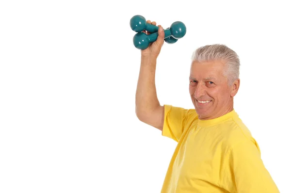 Old guy with dumb bells — Stock Photo, Image
