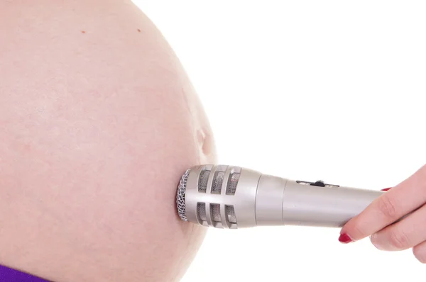 Pregnant belly and microphone — Stock Photo, Image