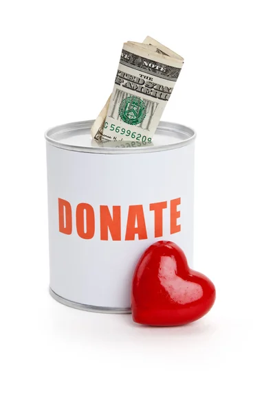 Bağış kutusu ve kırmızı kalp — Stok fotoğraf
