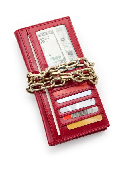 Kırmızı cüzdan ve zincir — Stok fotoğraf