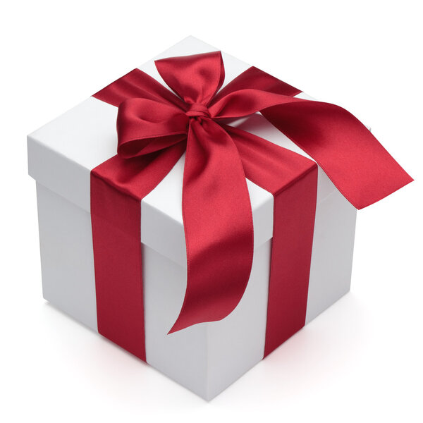 Gift box with red ribbon and bow.