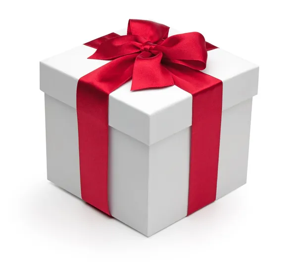 Caja de regalo con cinta roja. — Foto de Stock
