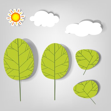 Set of vector stickers. Clouds and trees clipart