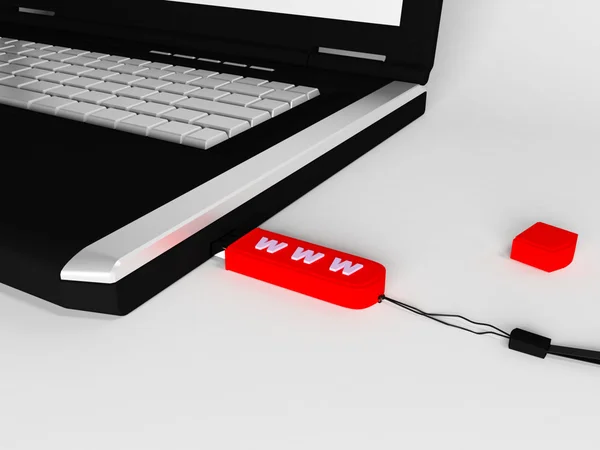 Laptop e a unidade flash USB conectada — Fotografia de Stock