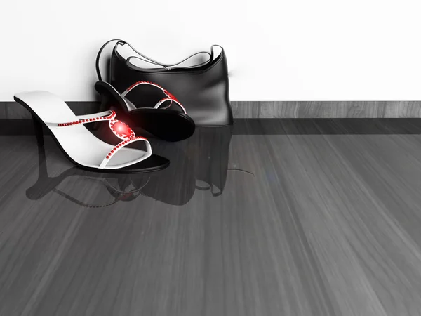 Los hermosos zapatos de cuero negro y una bolsa — Foto de Stock