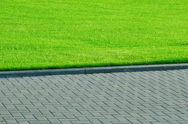 stock image Green grass and pedestrian walkway.