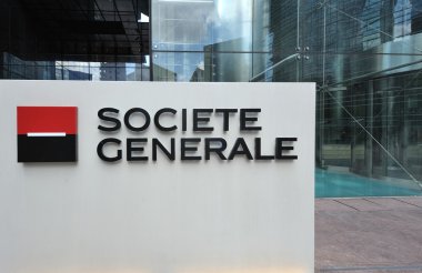 Groupe Societe Generale logo in front of headquarters building e clipart