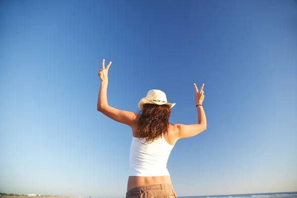 Winner woman with two arms up — Stock Photo, Image
