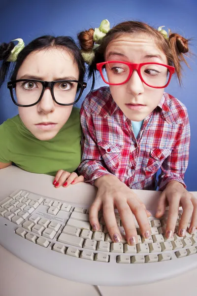 Irmãs gêmeas no computador — Fotografia de Stock