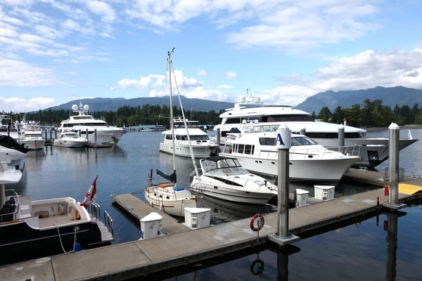 Lyxbåtar & segelbåt förtöjd i en marina, vancouver bc Kanada — Stockfoto